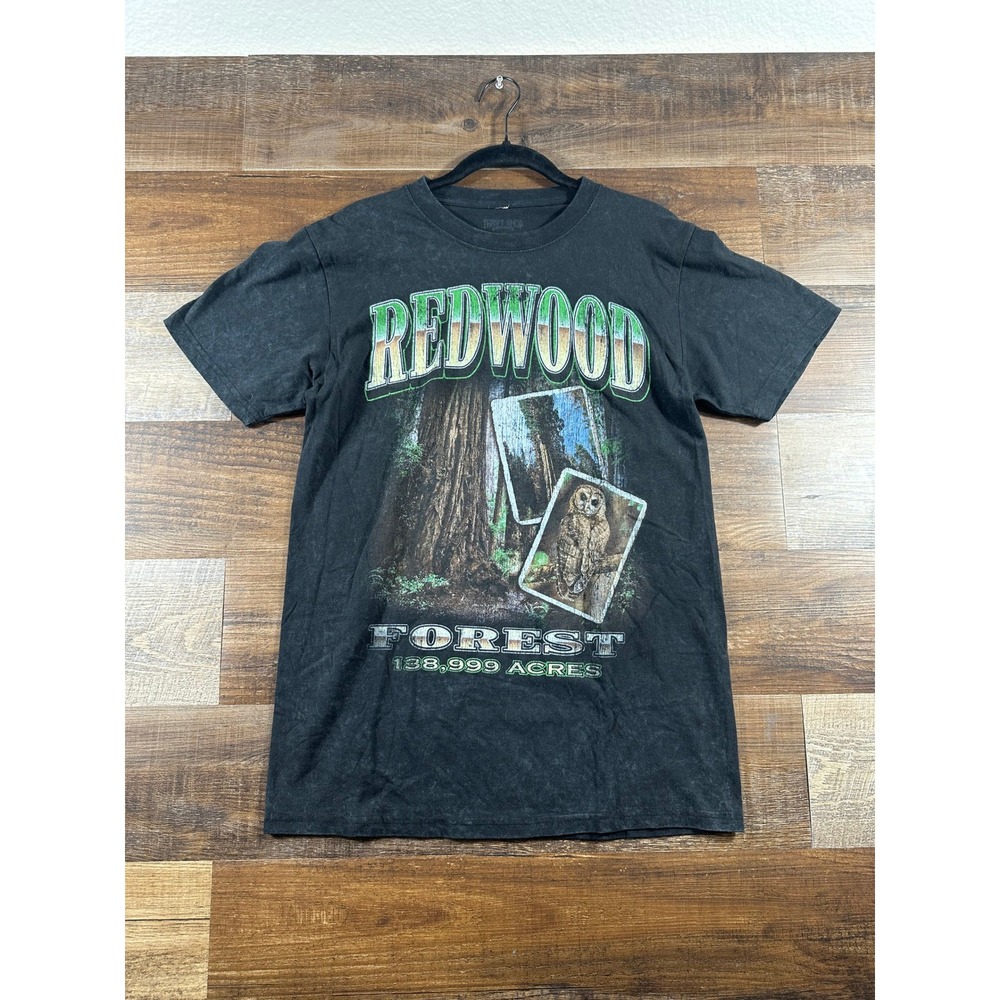 The Free Shop Redwood Forest Owl Graphic T-Shirt Mens Medium Black Faded Nature